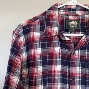 ROOTS Men's Size Large Flannel Button Down Blue Red Plaid Gorpcore Outdoors Warm